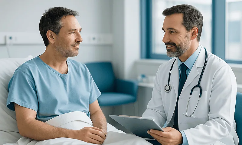 Doctor consulting with patient in hospital room at Acibadem Hospitals Group.