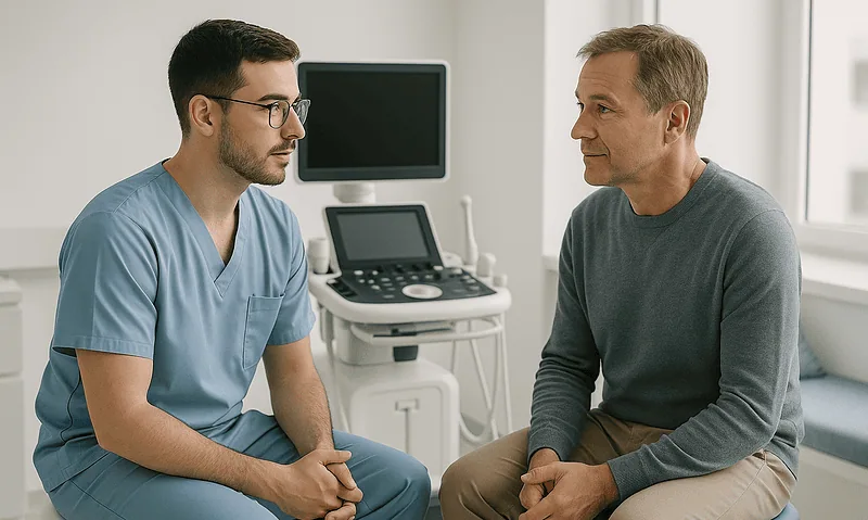 Urologist consulting with patient in a medical office setting.