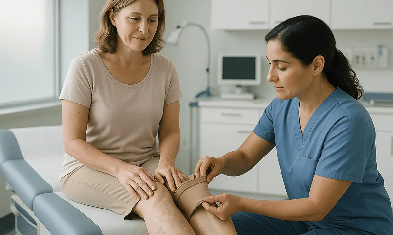 Doctor examining patient's leg for varicose veins at Acibadem Hospital.