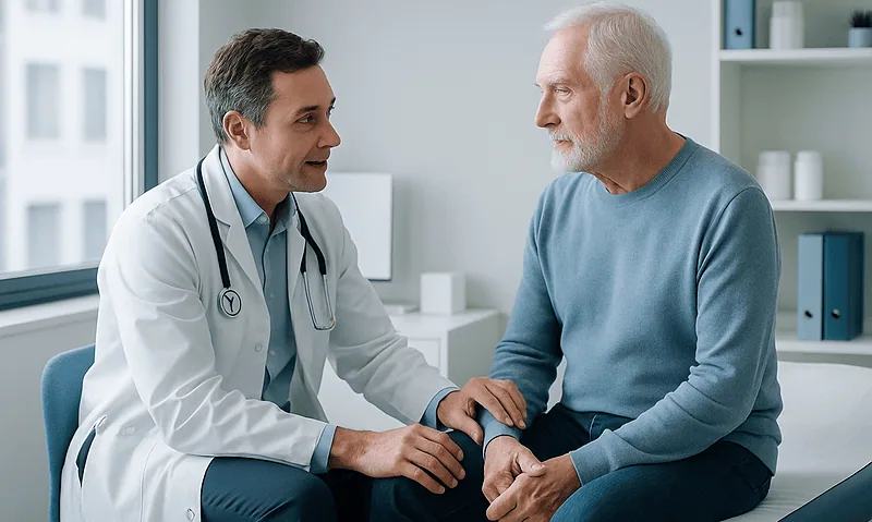 Urologist consulting with an elderly male patient in a medical office.
