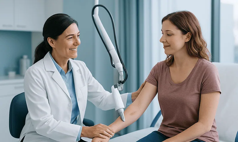 Medical professional using laser device on patient's hand in clinic.