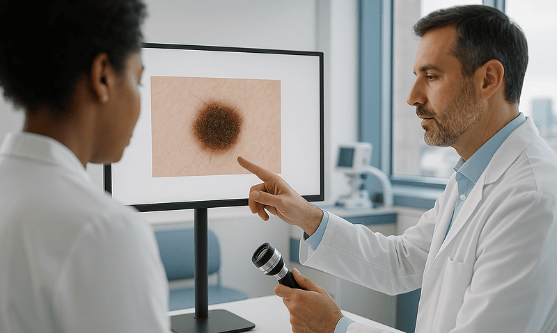Doctor explaining skin lesion to patient during consultation at Acibadem Hospital.