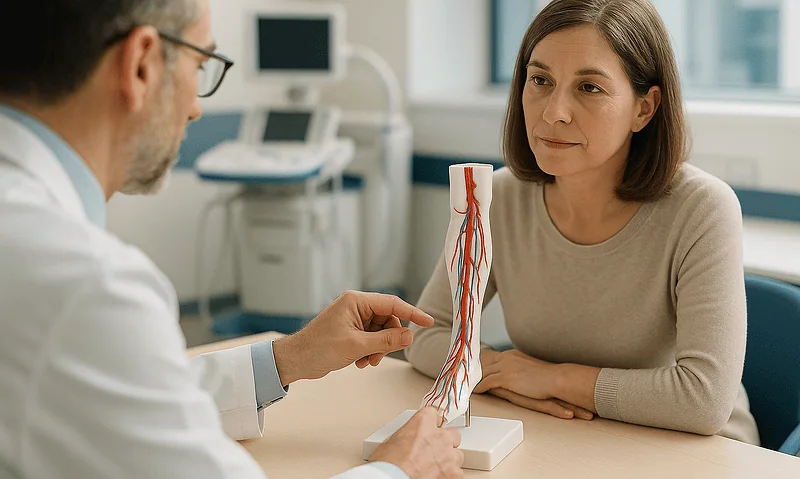 Doctor explaining vascular anatomy to a patient in a consultation room.