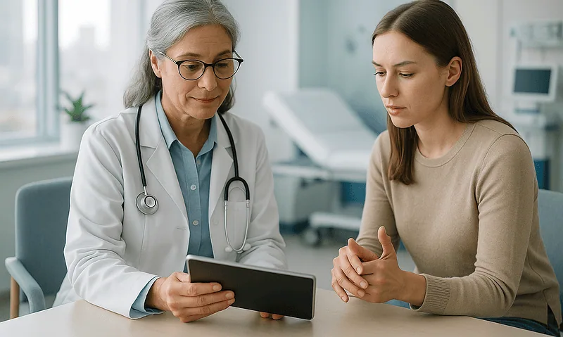 Doctor explaining medical results to a patient in a hospital setting.