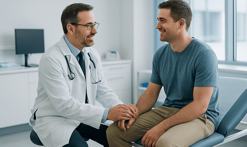 Doctor consulting with a male patient in a medical office.