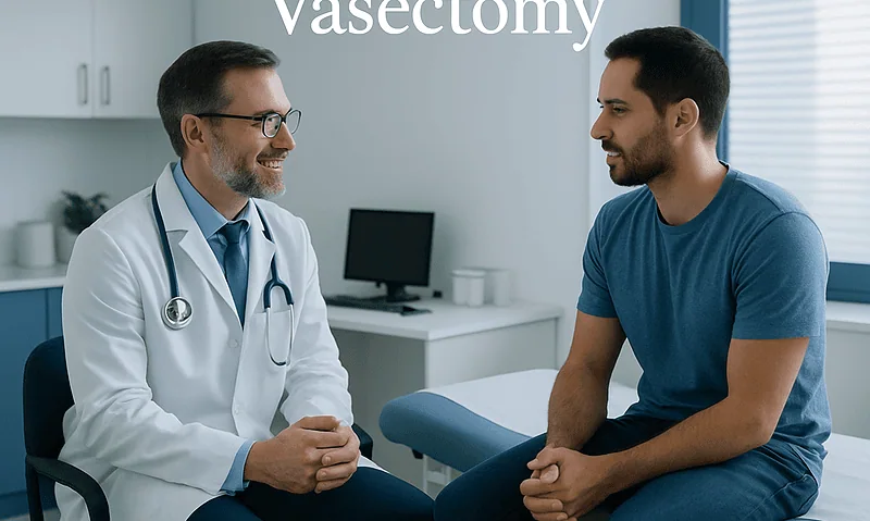 Doctor consulting with patient about vasectomy procedure in clinic.