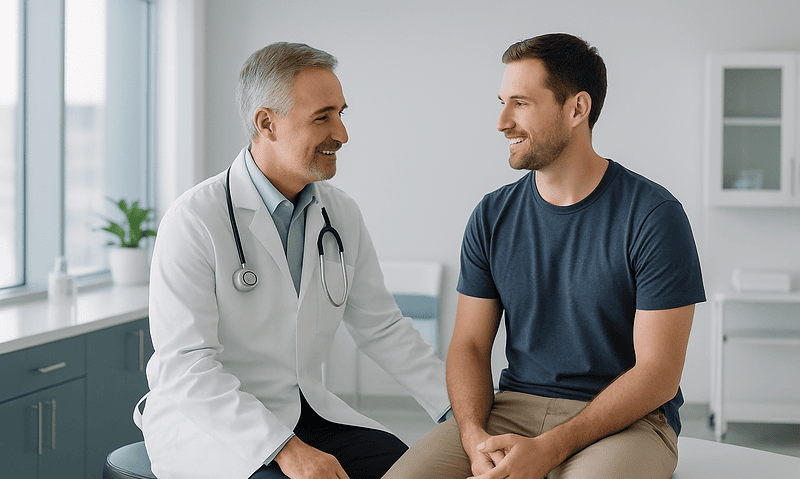 Doctor consulting with a young male patient in a medical office.