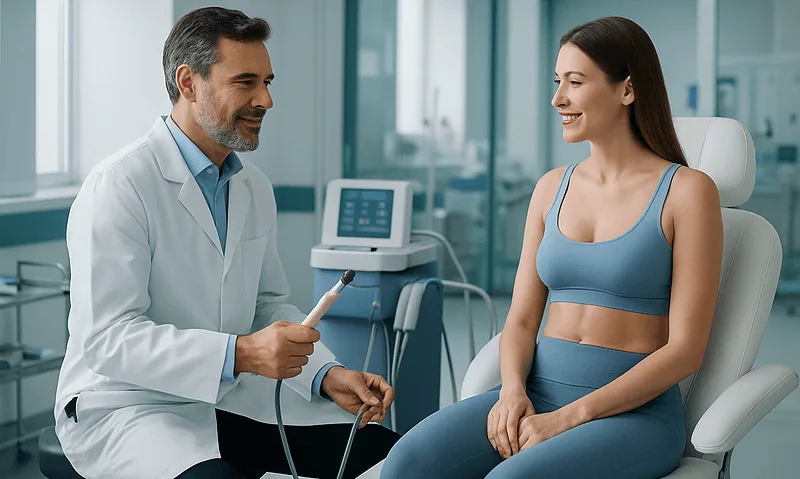 Doctor consulting with a patient in a modern medical clinic setting.