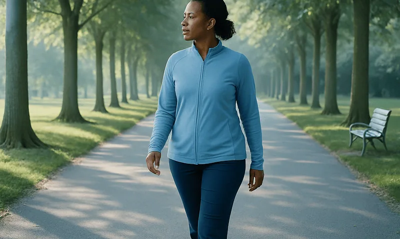 Woman walking in a park during daytime with trees and benches.