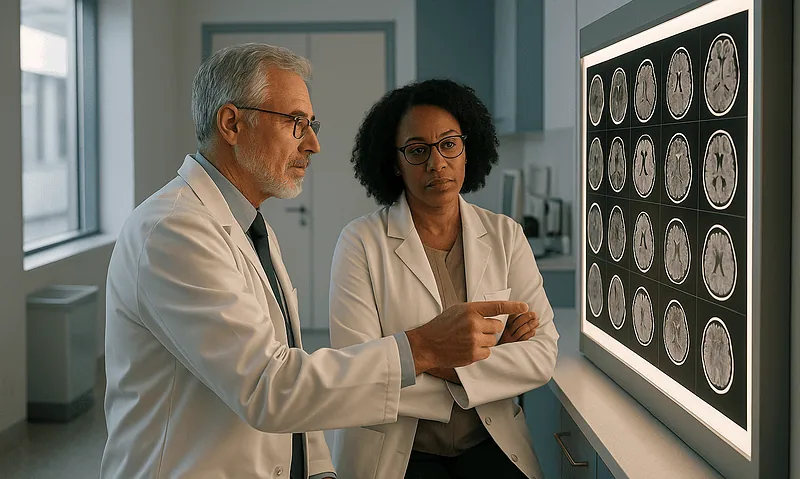 Doctors analyzing brain MRI scans in a hospital setting.