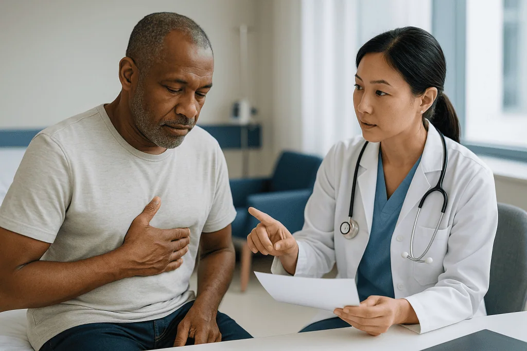 Doctor consulting with male patient in clinic office: VATS lung biopsy: when a surgical biopsy makes more sense than a needl
