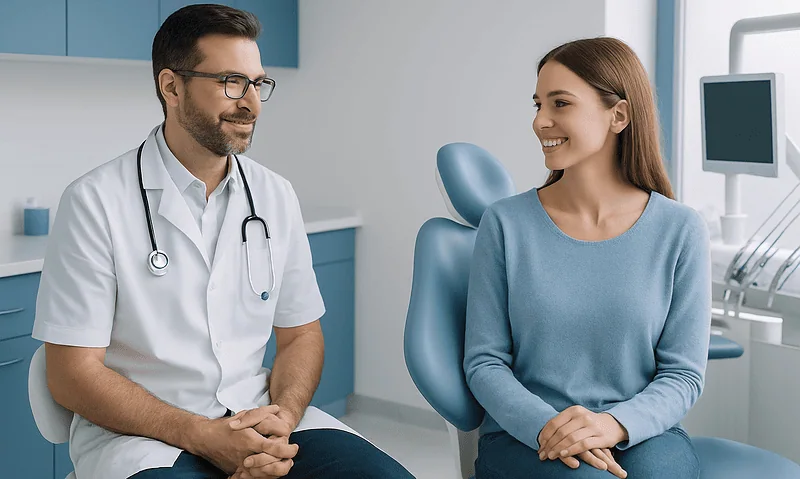 Dentist consulting with a patient in a modern dental clinic.