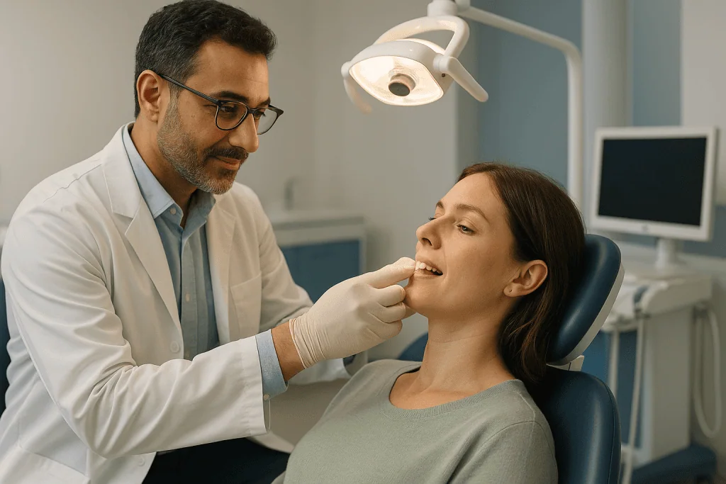 Veneers and Smile Makeover in Turkey: Treatment Guide 1 Dentist examining patient's teeth during a dental consultation at Acibadem Hospital.