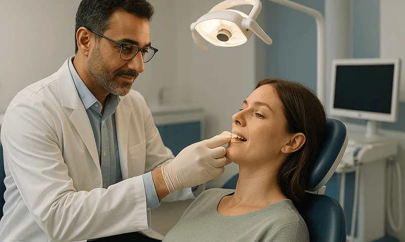 Dentist examining patient's teeth during a dental consultation at Acibadem Hospital.