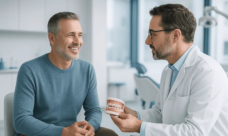 Dentist explaining dental veneers to a patient in a clinic setting.