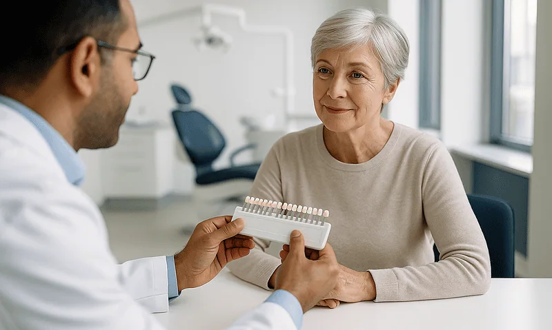 Dentist explaining dental veneers options to an elderly woman in clinic.