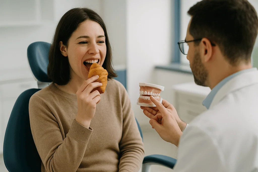 Dentist showing dental model to patient eating croissant: Veneers on crooked teeth: when a veneer alone is enough