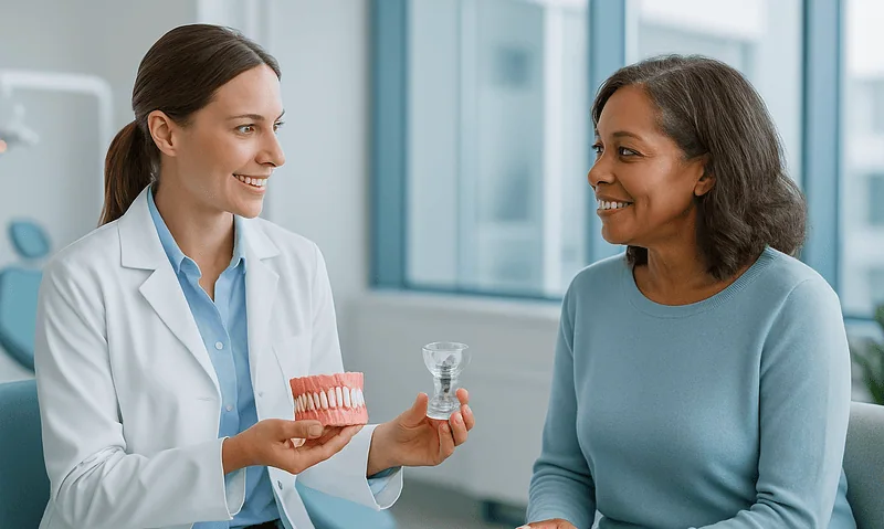 Dentist explaining dental implants and veneers to a patient in a clinic.