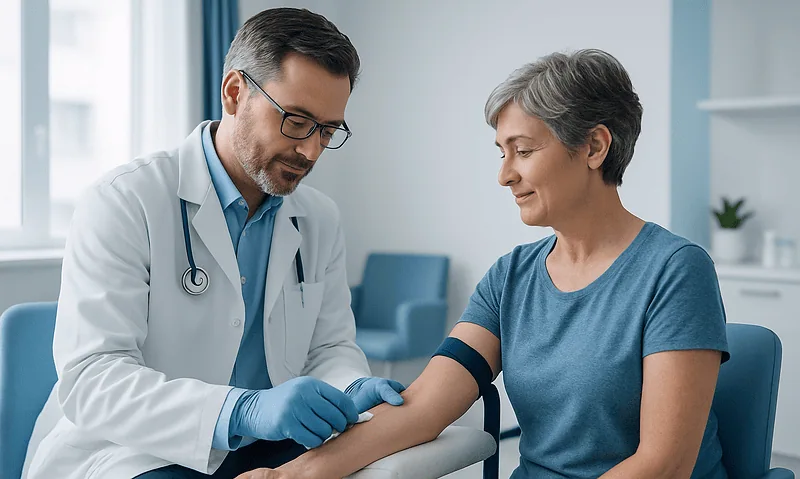 Doctor drawing blood from a patient in a clinical setting.