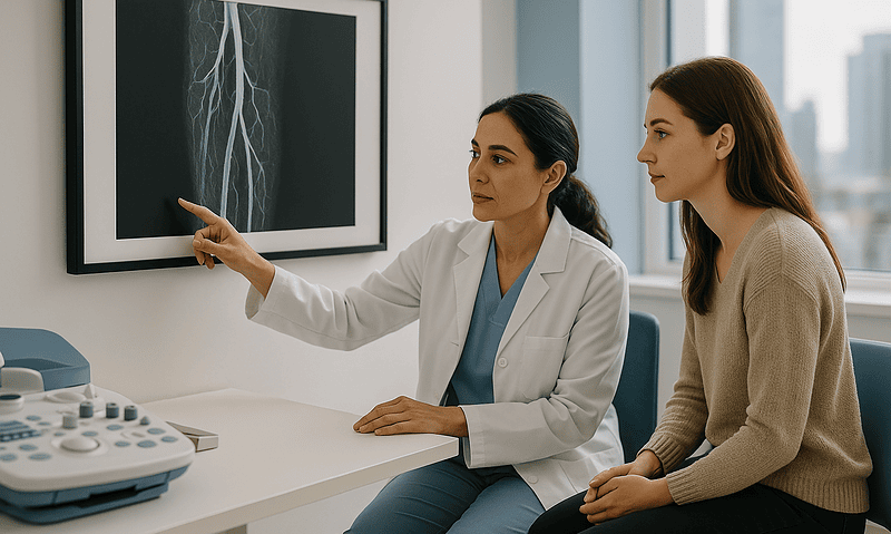 Doctor explaining venous ultrasound results to a patient in a clinic.