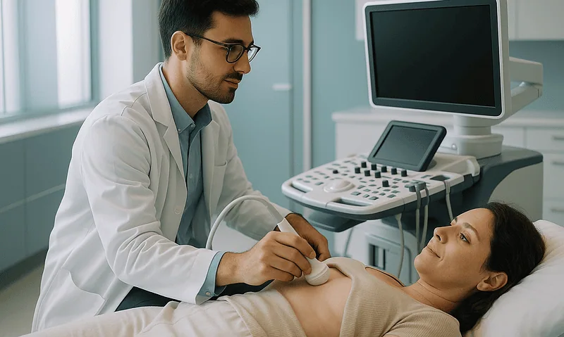 Cardiologist performs ultrasound exam on patient in hospital setting.