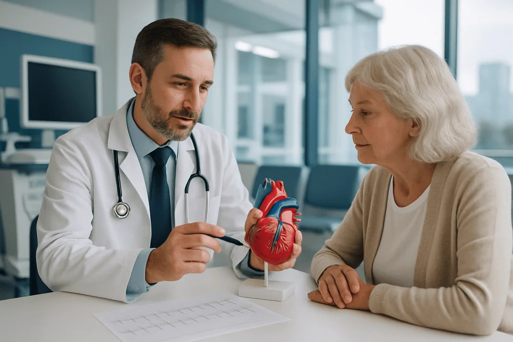 Ventricular Tachycardia 1 Cardiologist explaining heart model to elderly patient in hospital setting.