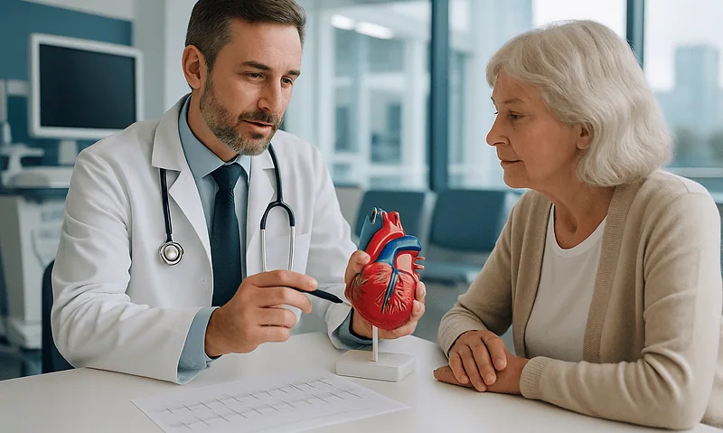 Cardiologist explaining heart model to elderly patient in hospital setting.