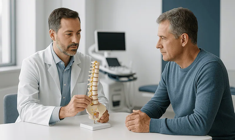 Doctor explaining spinal model to patient in consultation room.