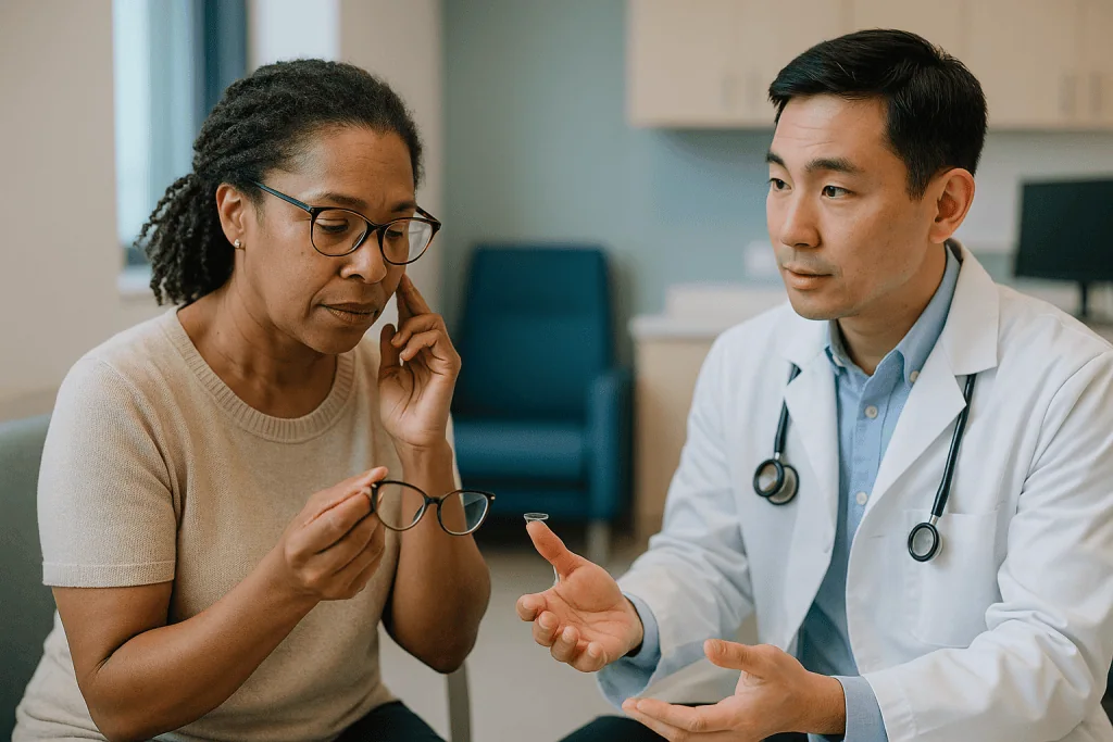 Doctor consulting patient about vision correction eyewear: Vertex distance: why contact lenses need a different power than g