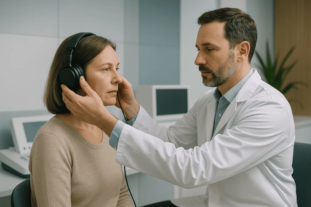 Vertigo 1 Doctor examining a woman's ear with headphones in a clinical setting.
