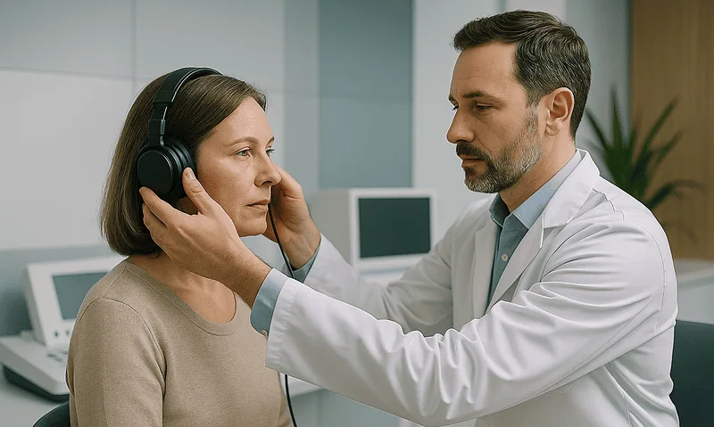 Doctor examining a woman's ear with headphones in a clinical setting.