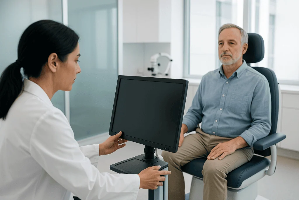 Vertigo Treatment 1 Doctor consulting with an elderly patient in a modern hospital room.