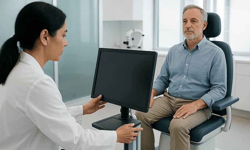 Doctor consulting with an elderly patient in a modern hospital room.