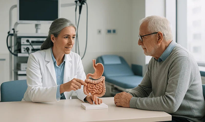 Doctor explaining digestive system to elderly patient in hospital setting.