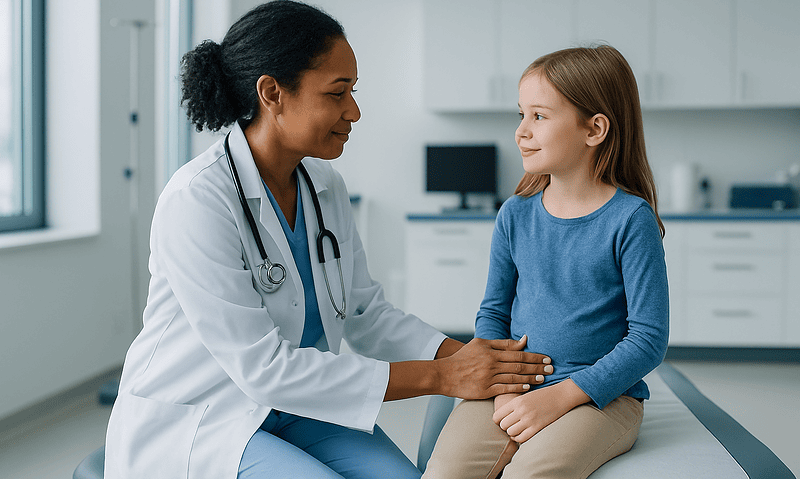 Pediatric doctor examining a young girl in a modern clinic setting.