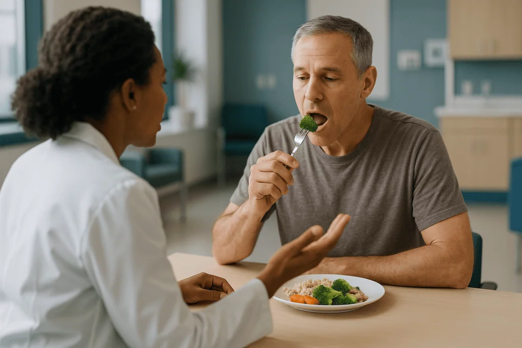 Man and woman eating healthy food at table — Vestibular habituation exercises: why repeating the movement that provokes you h