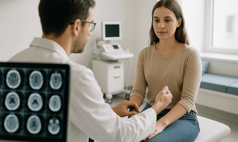 Doctor consulting with a young woman in a medical office.