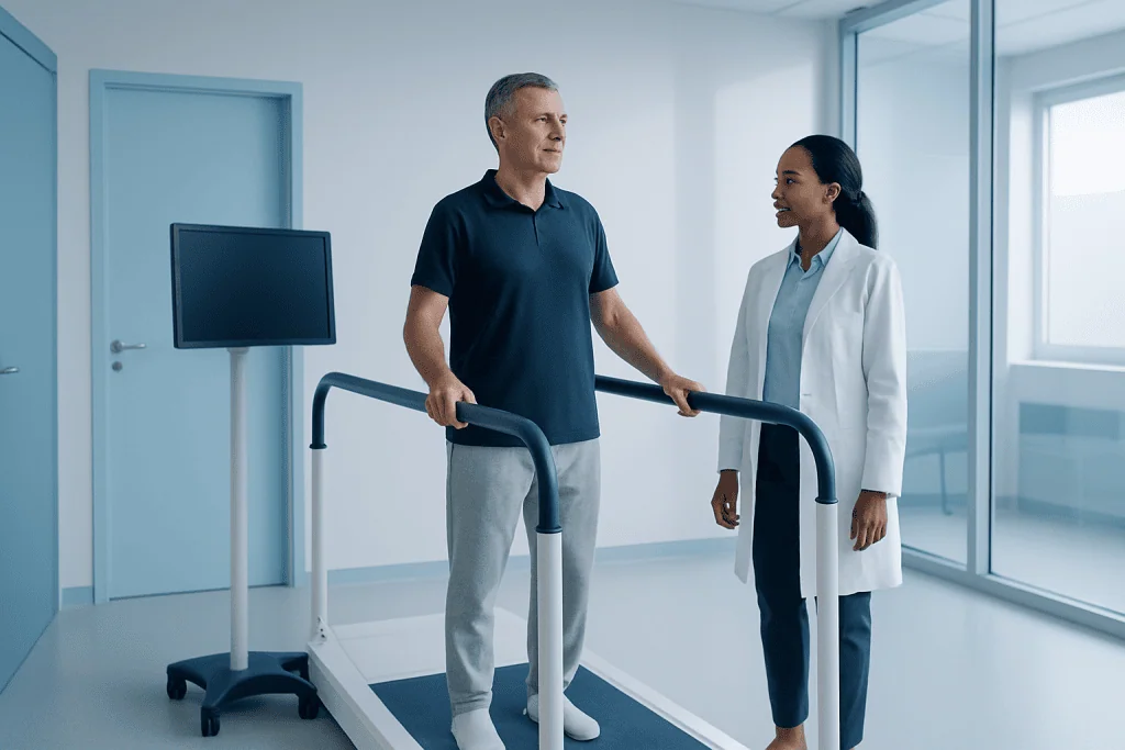 Vestibular Rehabilitation 1 Patient undergoing vestibular rehabilitation therapy with a healthcare professional.