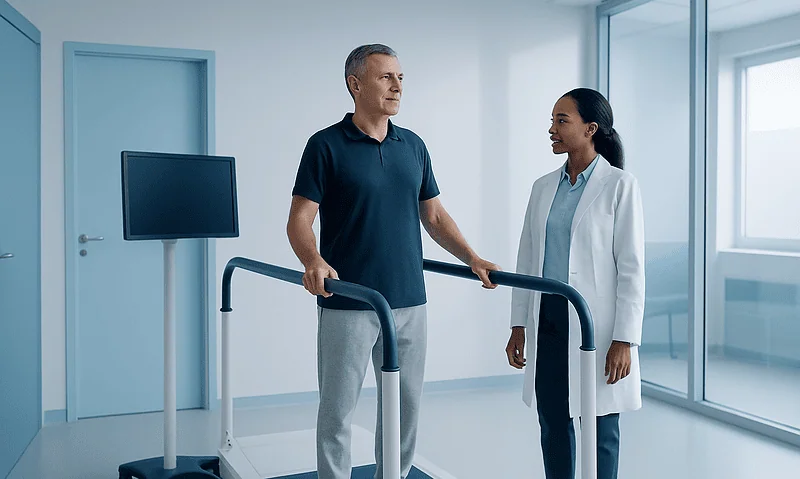 Patient undergoing vestibular rehabilitation therapy with a healthcare professional.