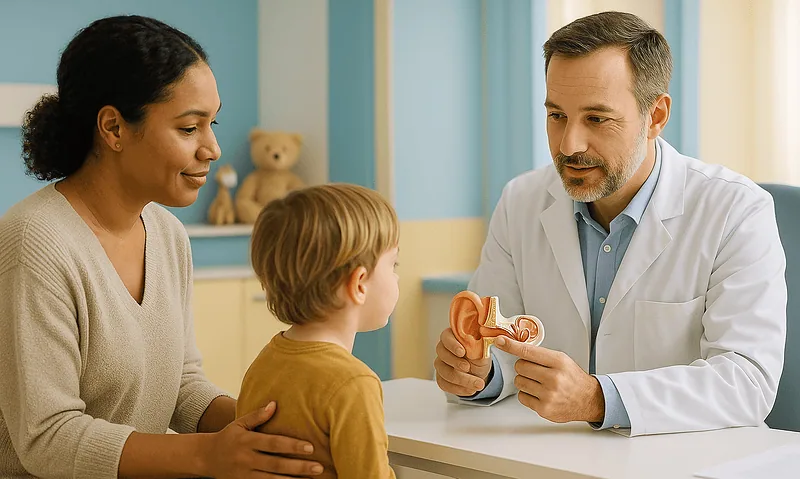 Pediatric ENT specialist explaining airway issues to a young boy and his mother.