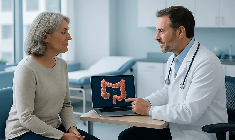 Doctor explaining colonoscopy results to a patient with a digital colon model.