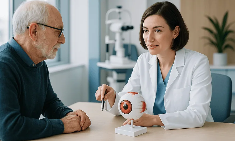 Ophthalmologist explains eye anatomy model to elderly patient in clinic.