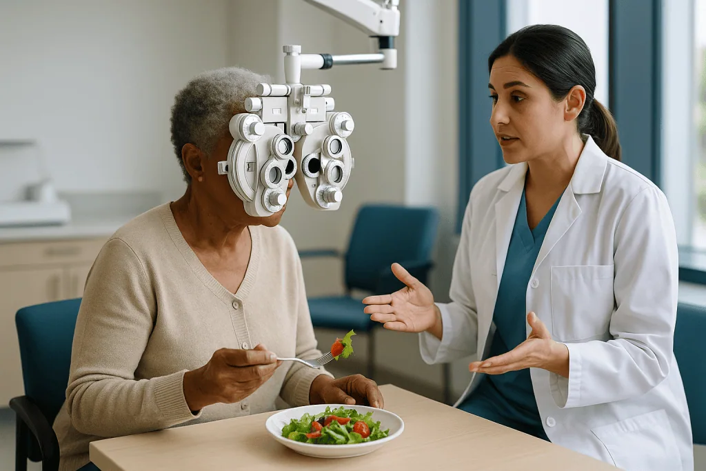 Optometrist examining elderly patient's eyes with phoropter: Vision testing: why a 20/40 line does not tell the whole story