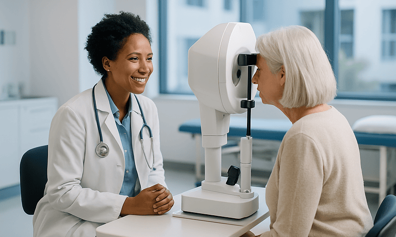 Optometrist performs eye test on elderly patient at clinic.