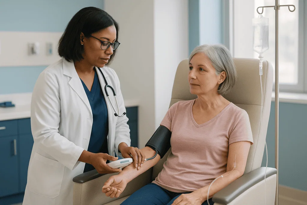 Doctor measuring blood pressure during patient consultation: Vital signs, checks and the watchful hour: what monitoring invo