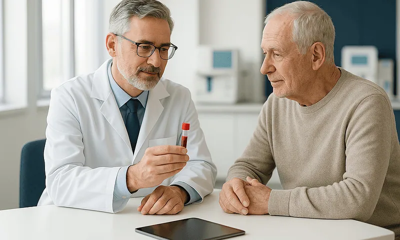 Doctor explaining blood test results to elderly patient in a clinic setting.