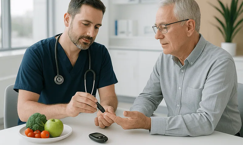 Doctor checking patient's blood sugar level in a medical consultation.