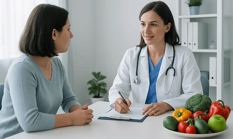 Doctor consulting a patient about nutrition and vitamins during menopause.