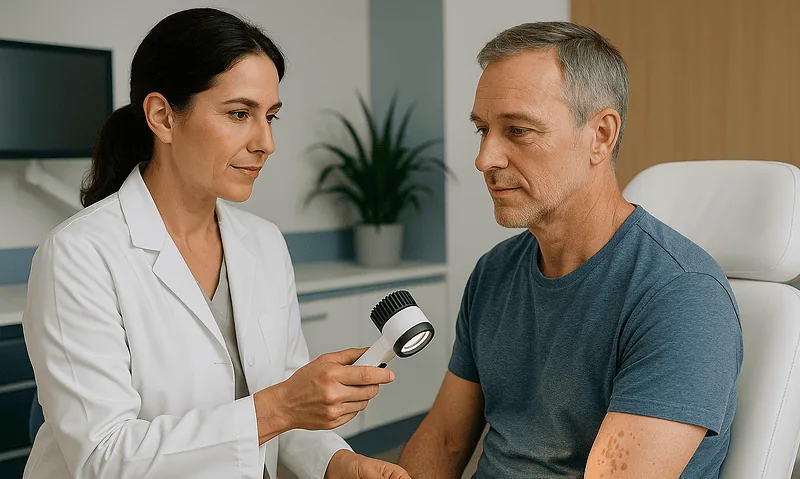 Doctor examining skin spots on male patient with a flashlight in clinic.