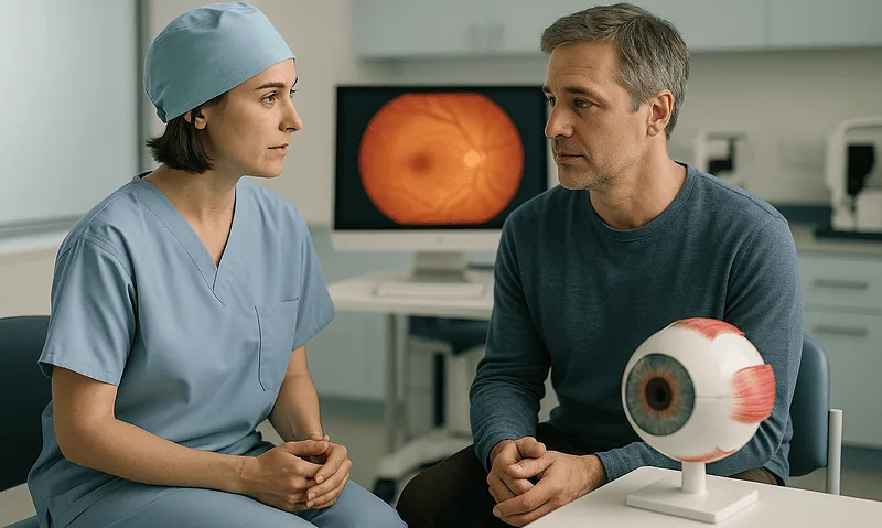Ophthalmologist explaining eye health to patient with eye model in clinic.
